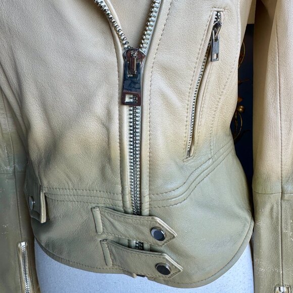 Pinko Cream and Sage Green Leather Moto Jacket - Picture 5 of 15